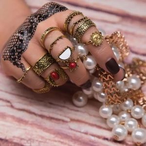 14 pieces bohemian ring set bronze gold